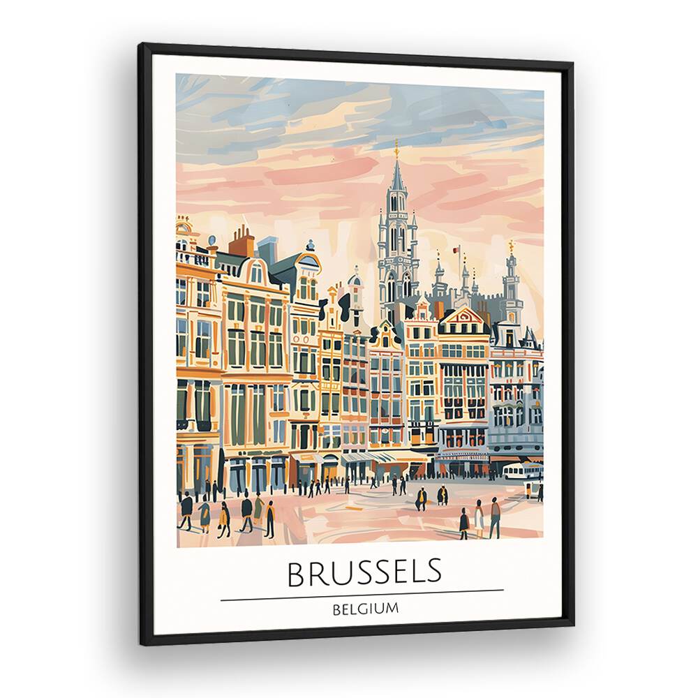 Stylish BRUSSELS - BELGIUM-I, TRAVEL POSTERS in a black frame, showcasing the charm of Belgium's capital.