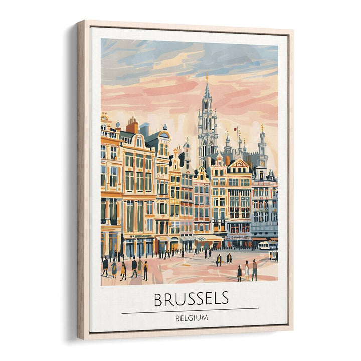 Charming BRUSSELS - BELGIUM-I, TRAVEL POSTERS in an oak wood floater frame, celebrating the beauty of Belgium's capital.