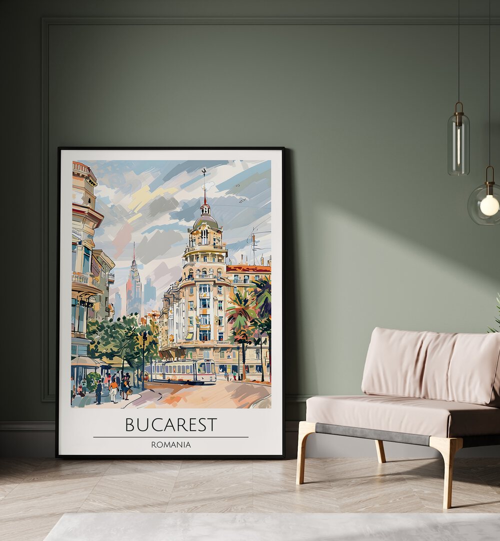 Stylish BUCAREST - ROMANIA, TRAVEL POSTERS showcasing the vibrant architecture of Bucharest, perfect for art lovers.
