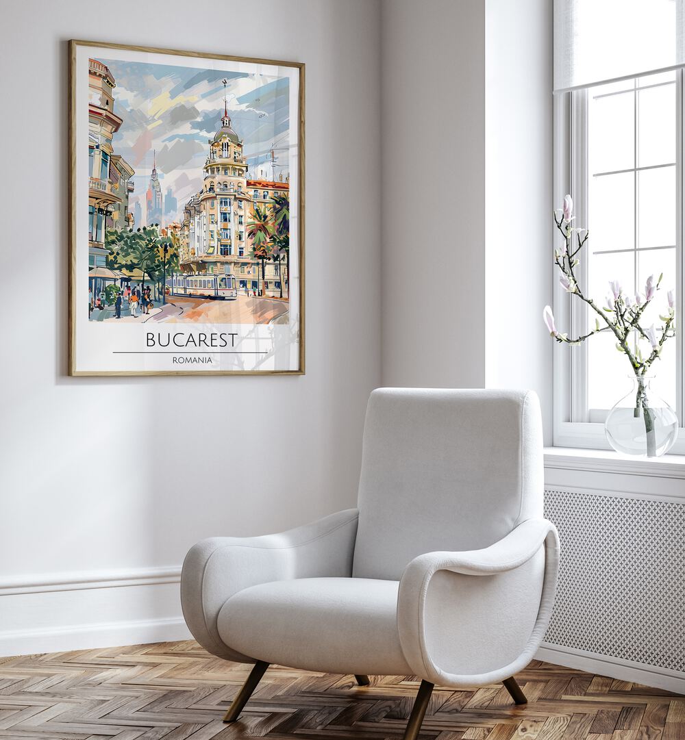 Elegant BUCAREST - ROMANIA, TRAVEL POSTERS showcasing the vibrant architecture and charm of Bucharest's streets.