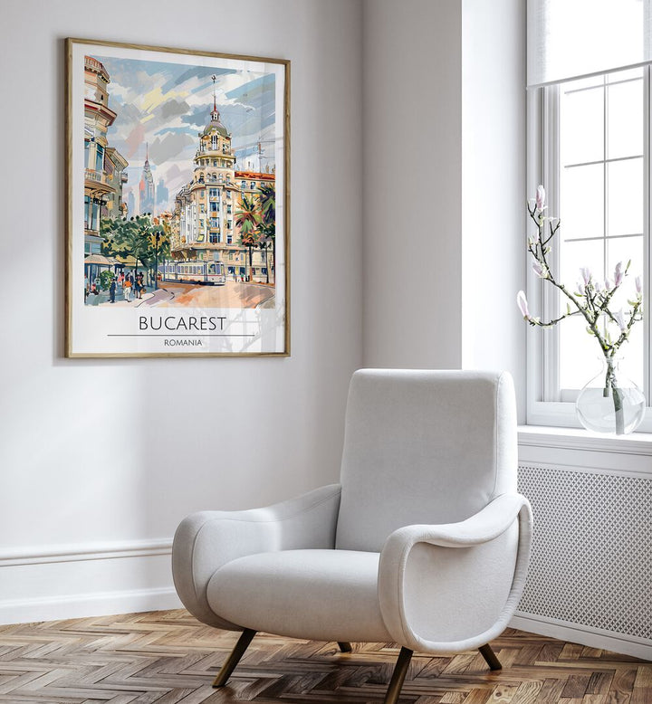 Elegant BUCAREST - ROMANIA, TRAVEL POSTERS showcasing the vibrant architecture and charm of Bucharest's streets.