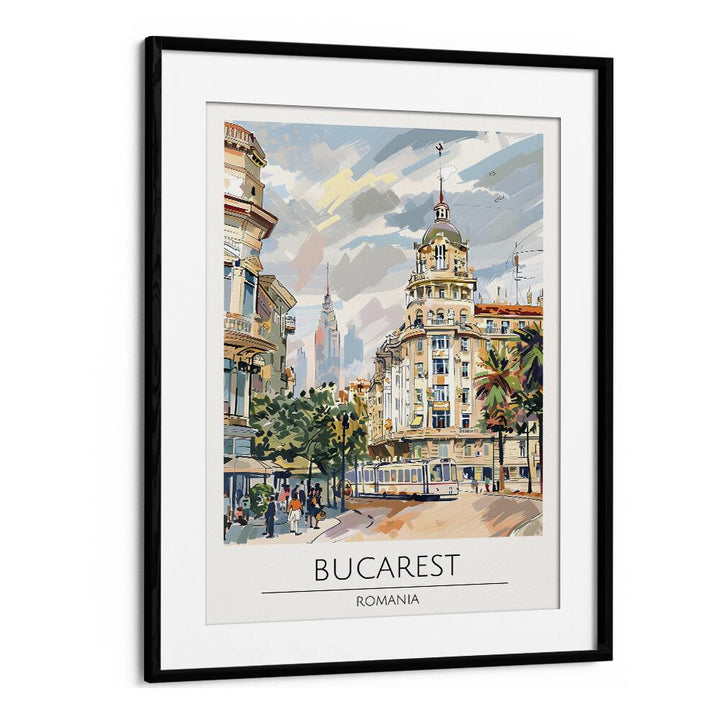 Stylish BUCAREST - ROMANIA, TRAVEL POSTERS framed art print showcasing Bucharest’s vibrant architecture and culture.