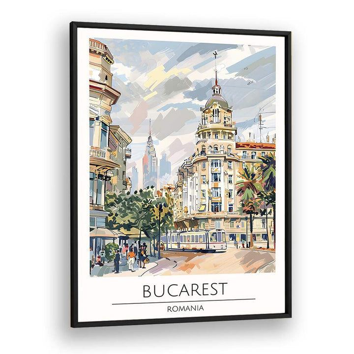 Stylish BUCAREST - ROMANIA, TRAVEL POSTERS showcasing Bucharest's charm in a sleek black frame, perfect for art lovers.