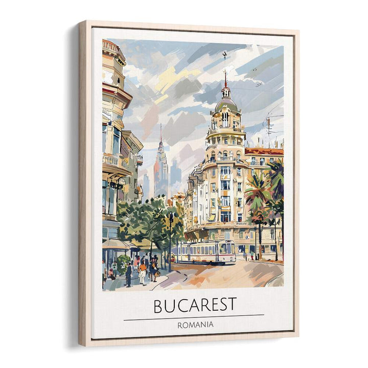 Stylish BUCAREST - ROMANIA, TRAVEL POSTERS in an oak wood frame, perfect for adding charm to any space.