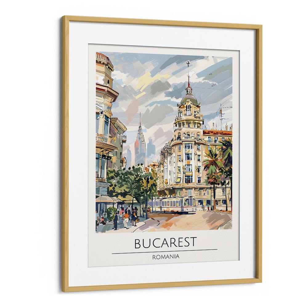 Stylish BUCAREST - ROMANIA, TRAVEL POSTERS in an oak frame, showcasing Bucharest’s vibrant culture and charm.