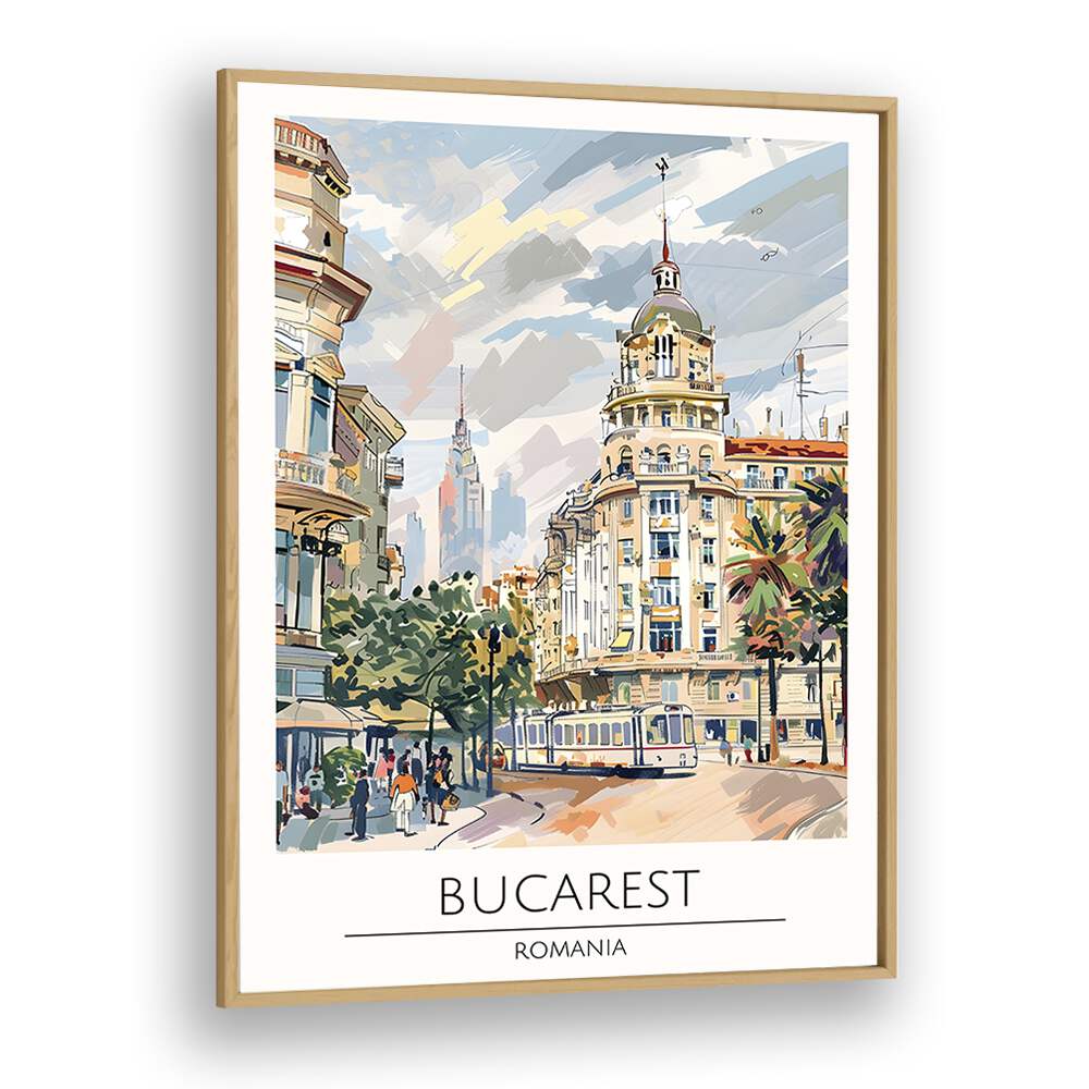 Stylish BUCAREST - ROMANIA, TRAVEL POSTERS in an oak frame, showcasing the charm of Bucharest's vibrant architecture.