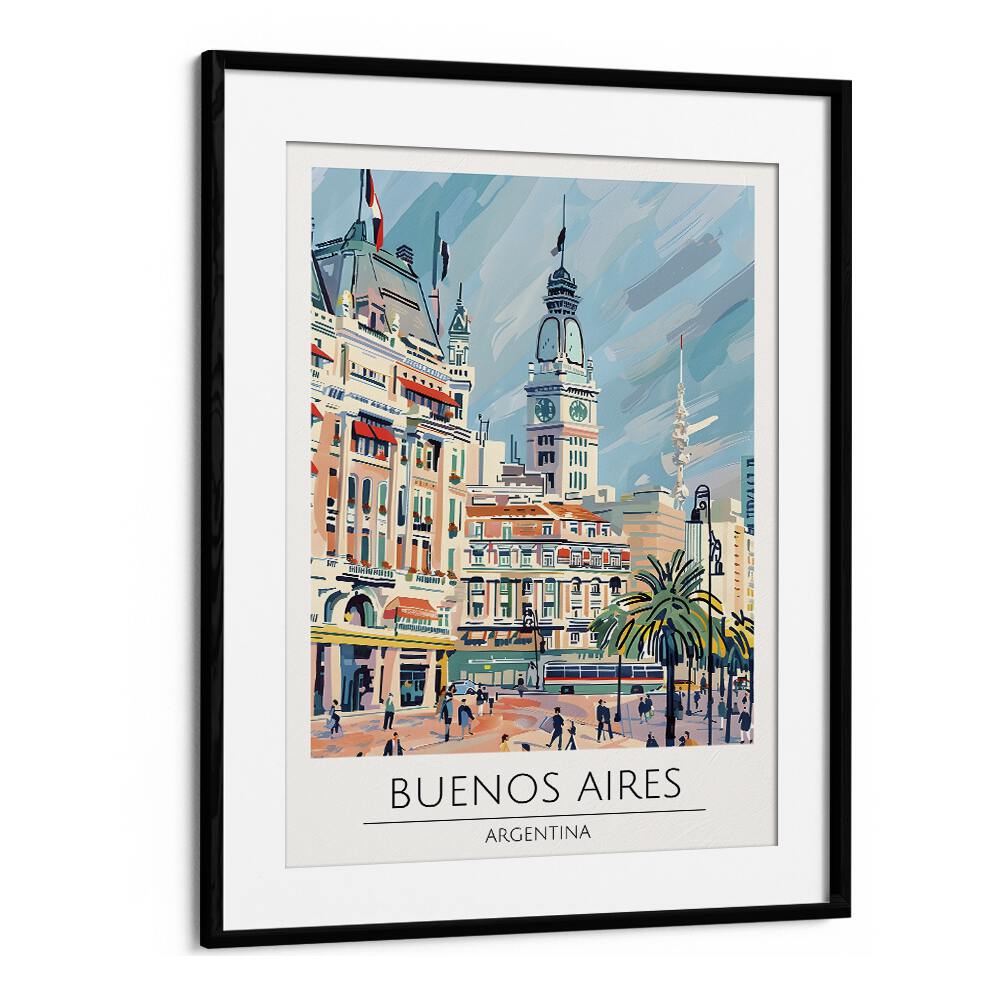 Vibrant BUENOS AIRES - ARGENTINA-II, TRAVEL POSTERS in a sleek black frame, showcasing the city's stunning architecture.
