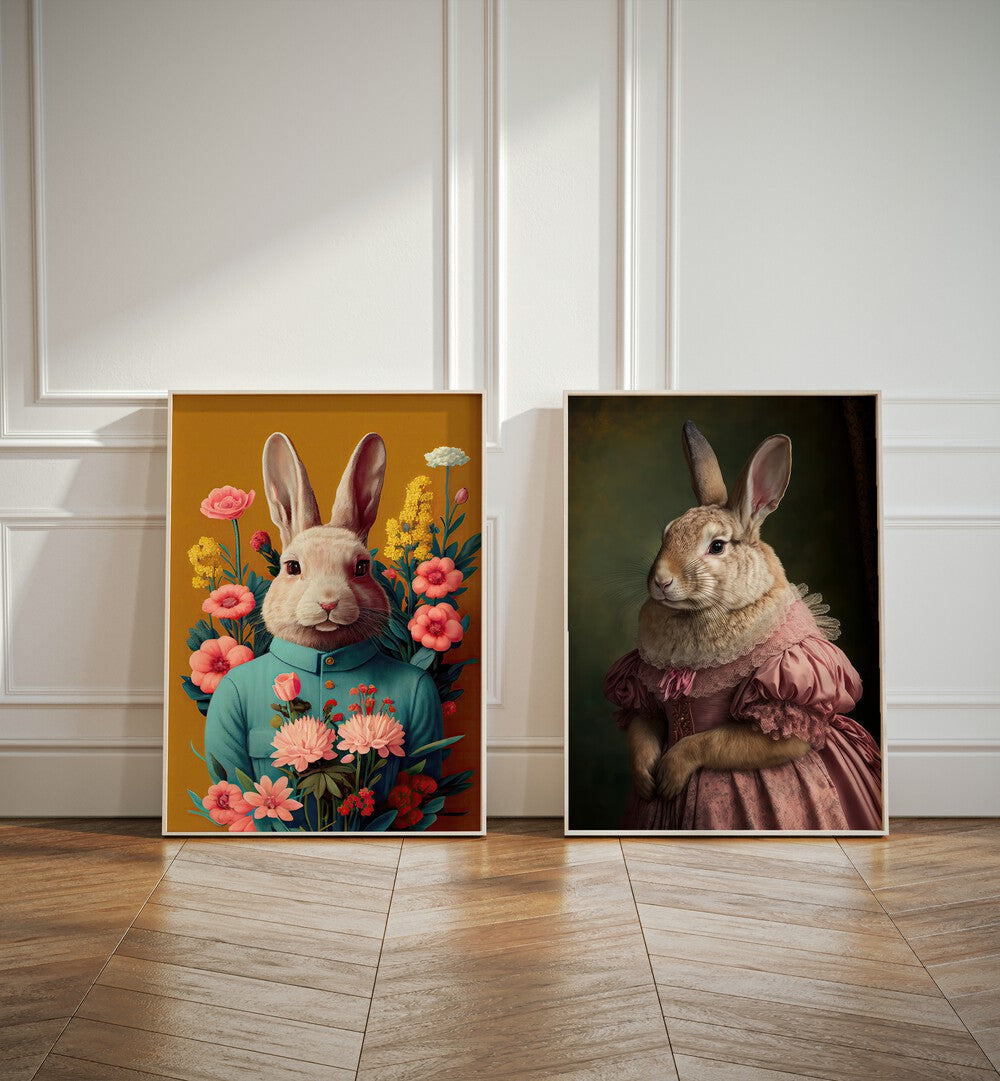 Whimsical BUNNY GET TOGETHER, SET OF 2 PAINTINGS featuring charming Easter bunnies in elegant portraits.