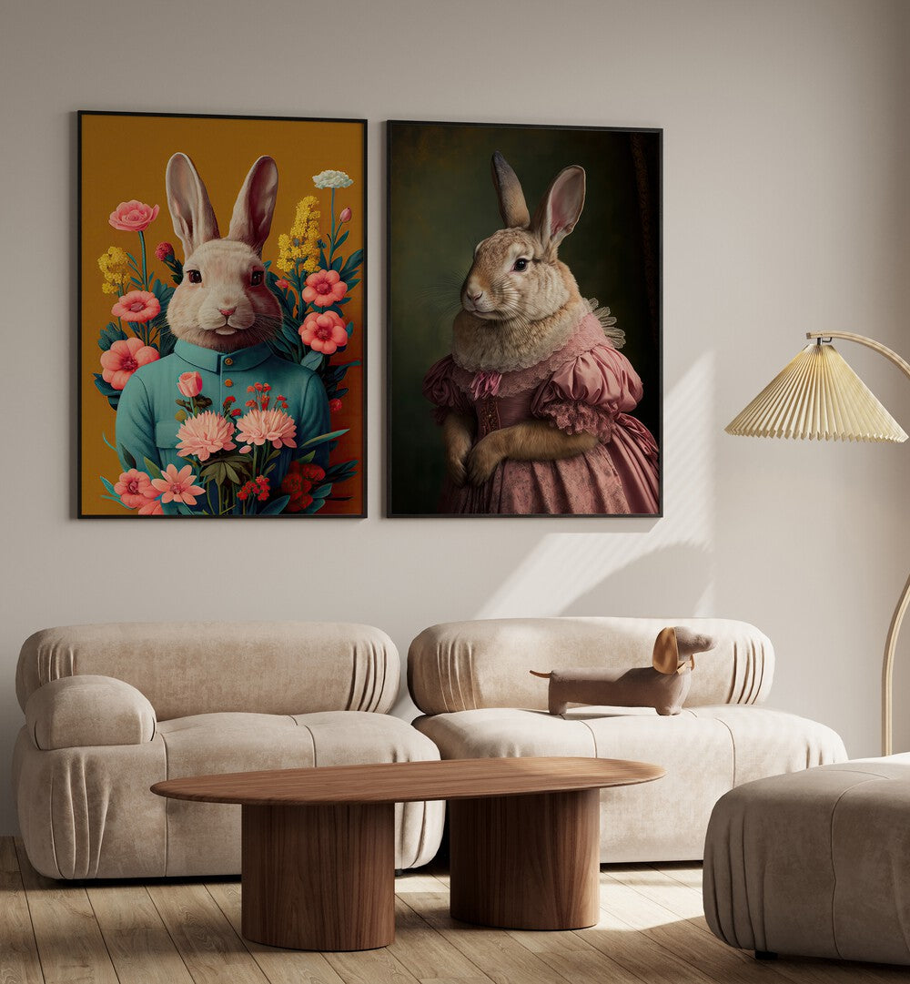 Transform your space with the whimsical BUNNY GET TOGETHER, SET OF 2 PAINTINGS, perfect for Easter decor.
