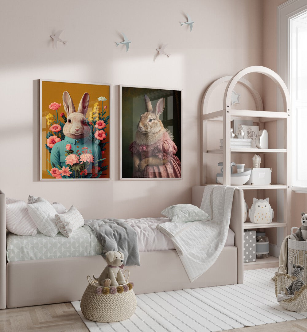 Whimsical BUNNY GET TOGETHER, SET OF 2 PAINTINGS enhancing a cozy room with charming Easter Bunny portraits.