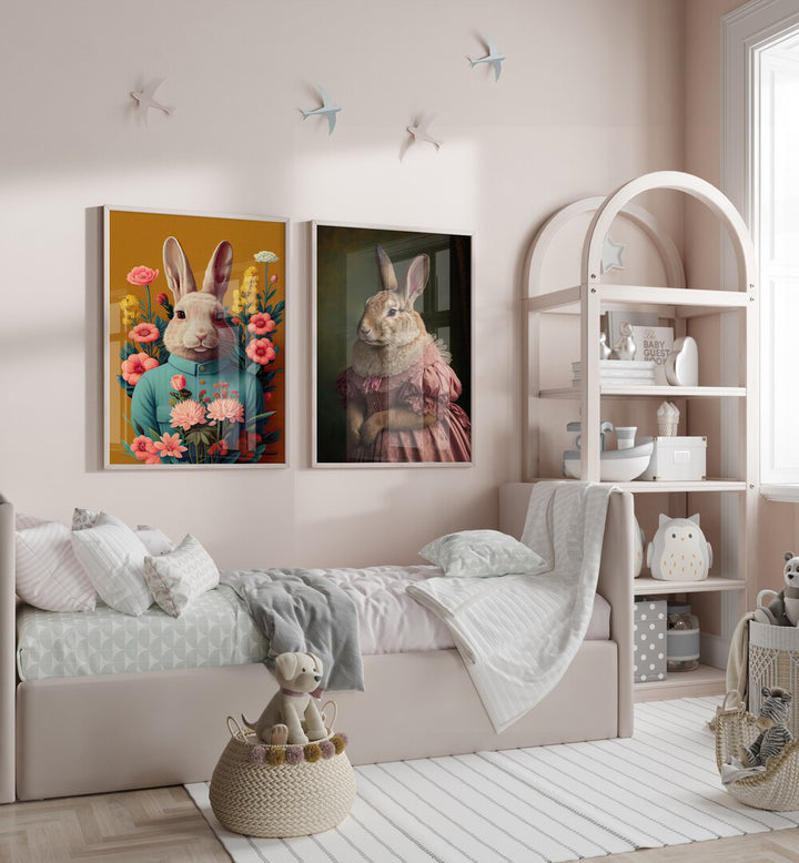 Whimsical BUNNY GET TOGETHER, SET OF 2 PAINTINGS enhancing a cozy room with charming Easter Bunny portraits.