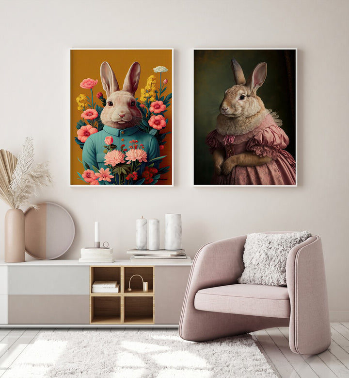 Whimsical BUNNY GET TOGETHER, SET OF 2 PAINTINGS showcasing charming Easter Bunny portraits for enchanting decor.