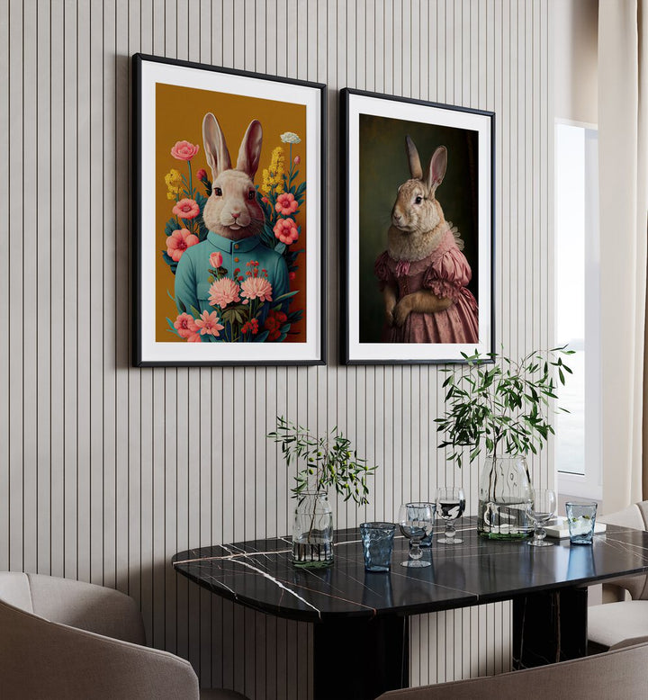 Whimsical BUNNY GET TOGETHER, SET OF 2 PAINTINGS, perfect for adding charm to your home decor.