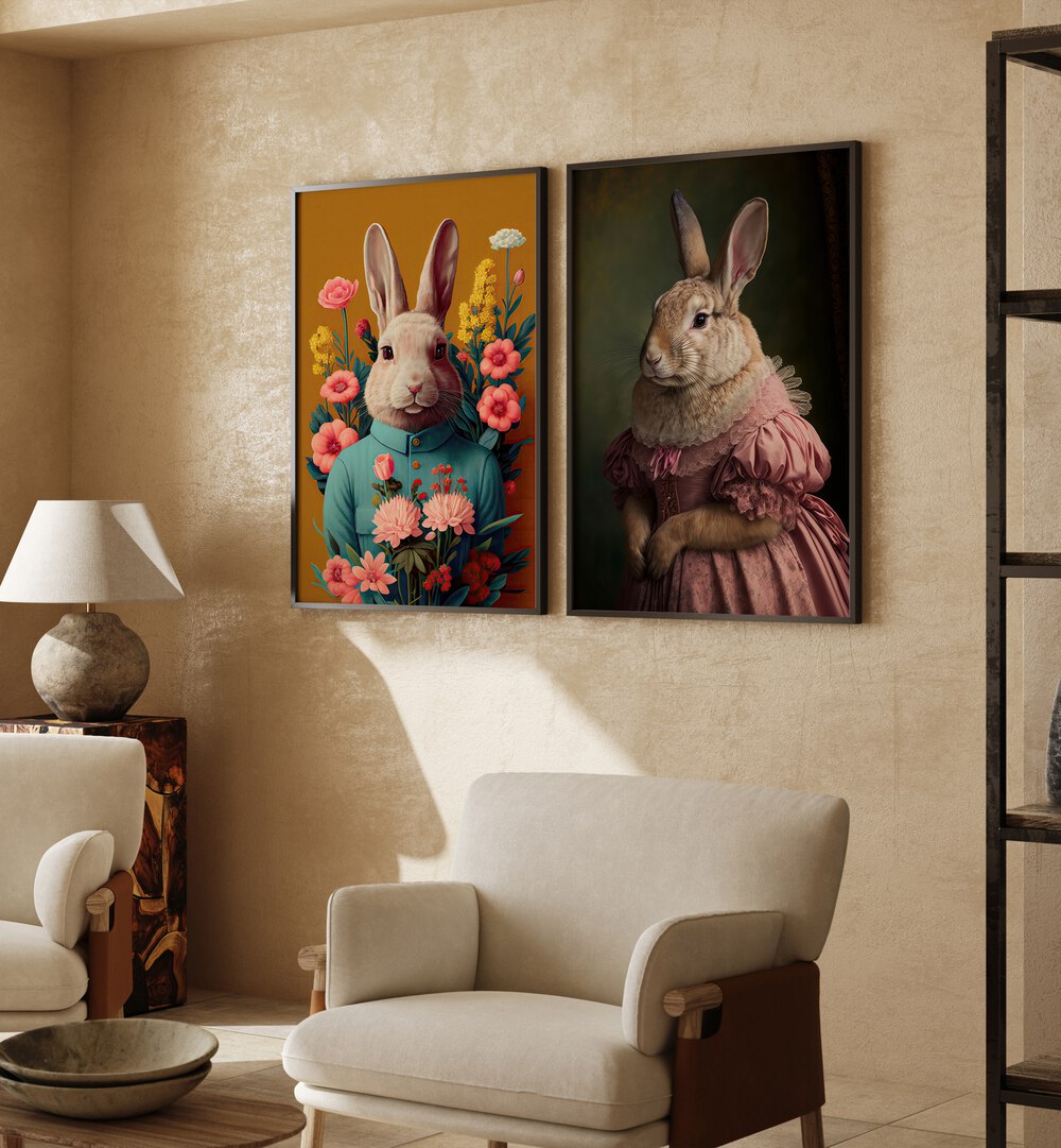 Charming BUNNY GET TOGETHER, SET OF 2 PAINTINGS featuring whimsical bunnies in elegant portraits, perfect for home decor.