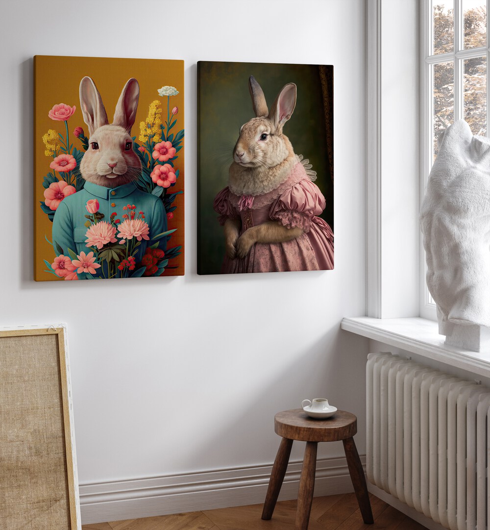 Whimsical BUNNY GET TOGETHER, SET OF 2 PAINTINGS featuring charming bunnies in elegant attire for enchanting decor.