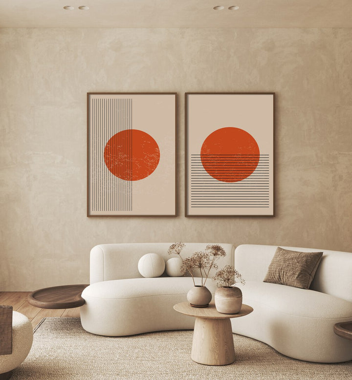 Stylish BURNT ORANGE SUN, SET OF 2 PAINTINGS adding modern warmth to your living space with minimalist sun designs.