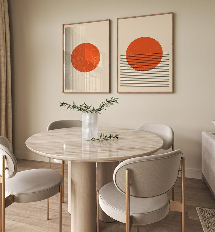 Elegant BURNT ORANGE SUN, SET OF 2 PAINTINGS in a modern living space, adding warmth and style to your decor.
