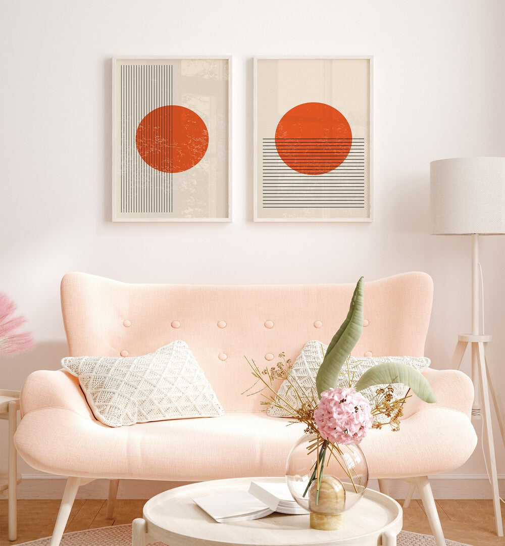 Brighten your space with BURNT ORANGE SUN, SET OF 2 PAINTINGS featuring modern minimalist designs for a vibrant touch.