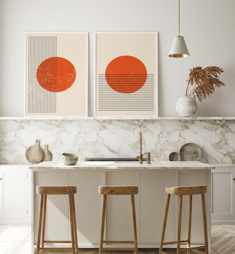 Transform your space with BURNT ORANGE SUN, SET OF 2 PAINTINGS, featuring modern minimalist sun designs.