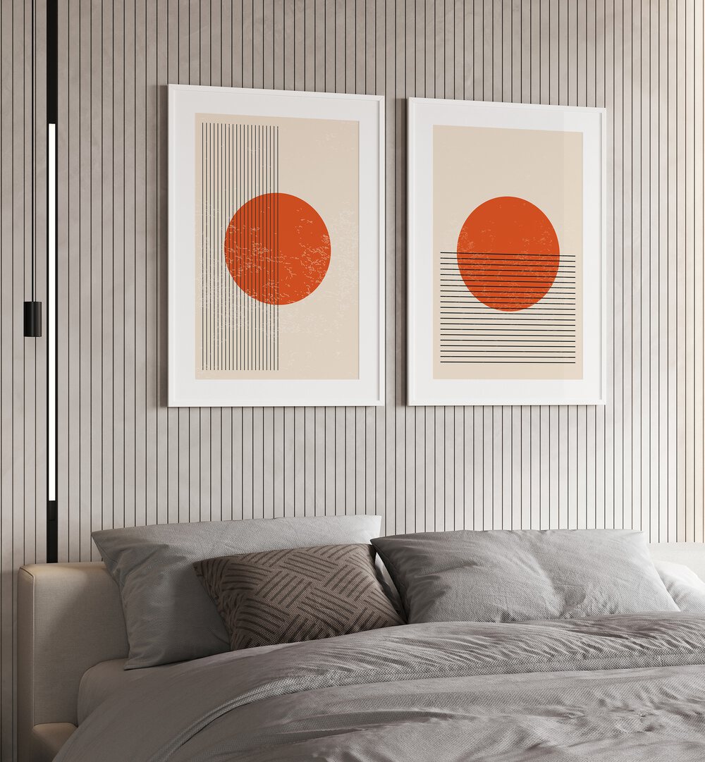 Stylish BURNT ORANGE SUN, SET OF 2 PAINTINGS enhancing a modern bedroom with warm, vibrant decor.