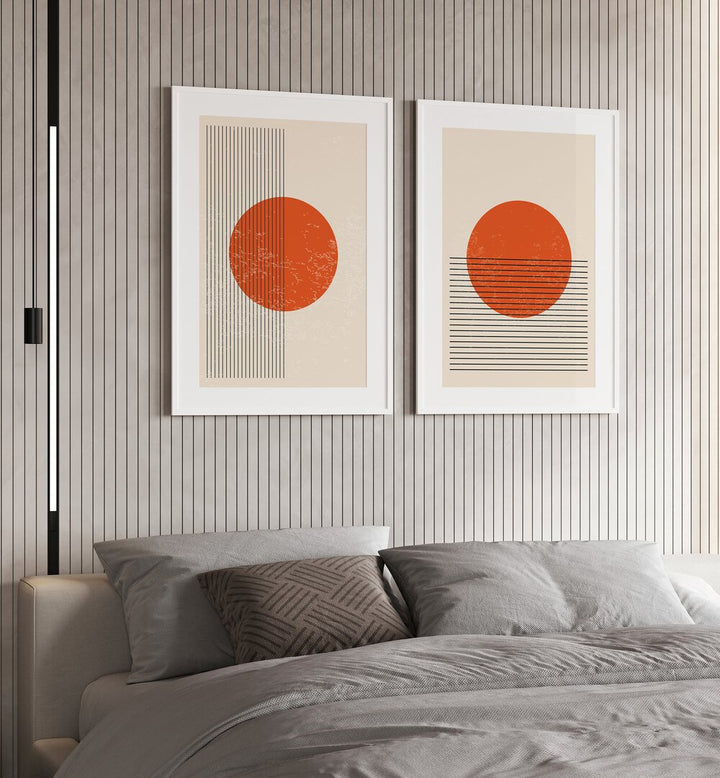 Stylish BURNT ORANGE SUN, SET OF 2 PAINTINGS enhancing a modern bedroom with warm, vibrant decor.