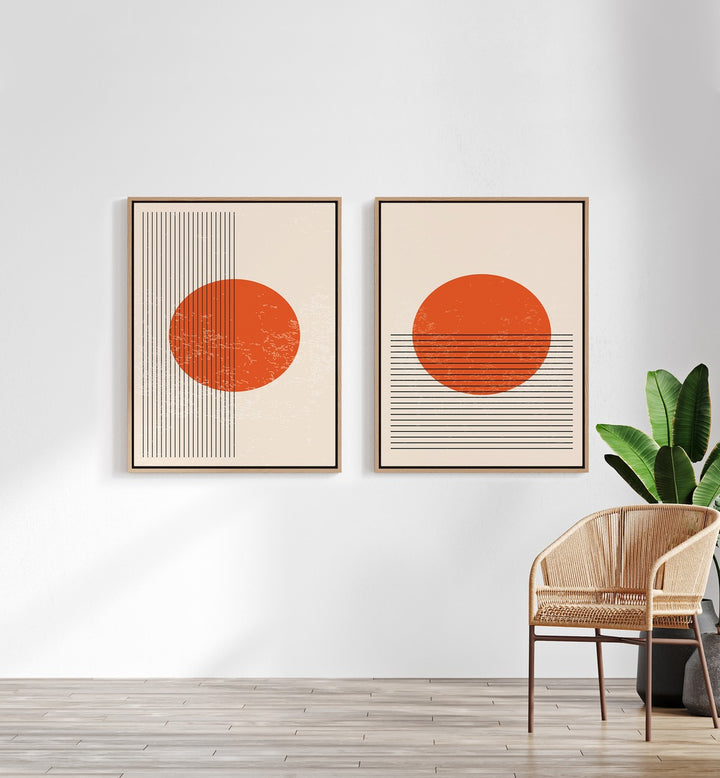 Minimalist BURNT ORANGE SUN, SET OF 2 PAINTINGS, perfect for adding warmth and vibrancy to any living space.