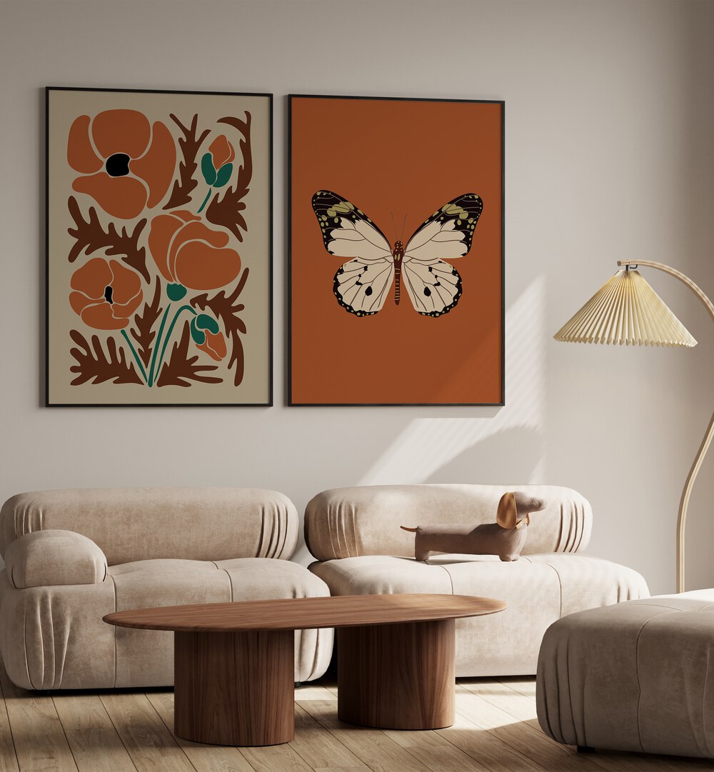 Elegant BUTTERFLY X BOTANICAL, SET OF 2 PAINTINGS enhancing a modern living room decor with charm.