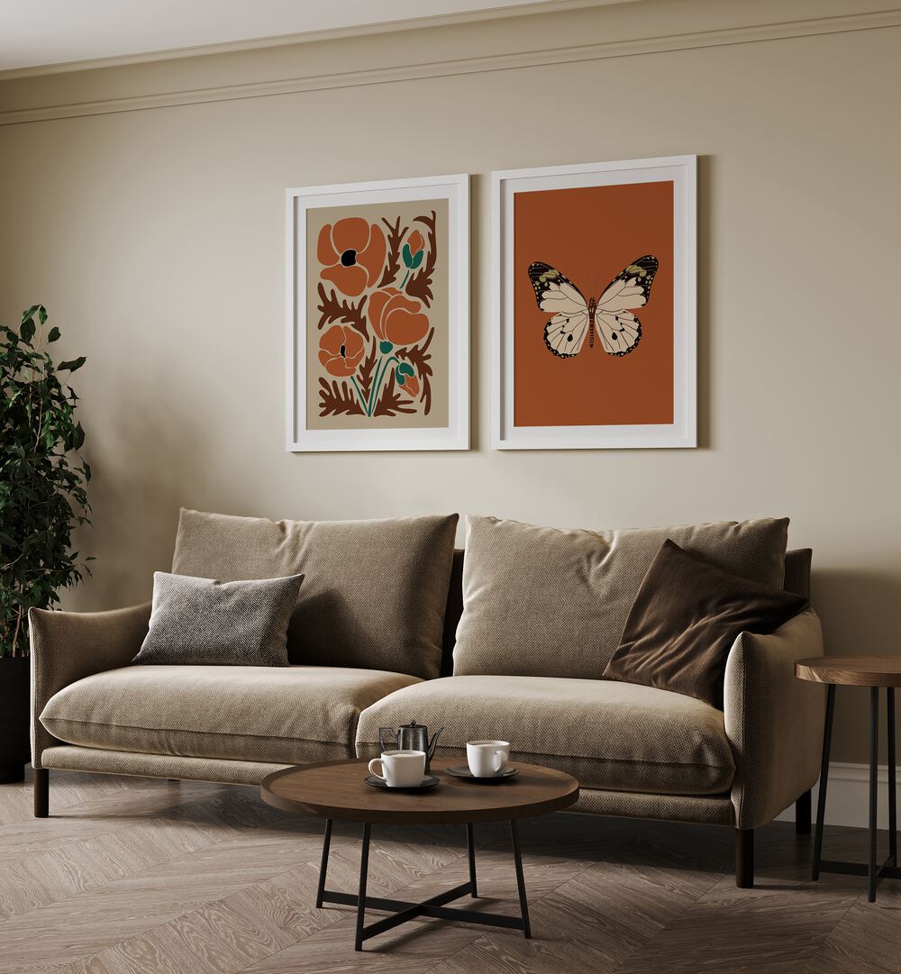 Elegant living space featuring the BUTTERFLY X BOTANICAL, SET OF 2 PAINTINGS framed wall art for charming decor.