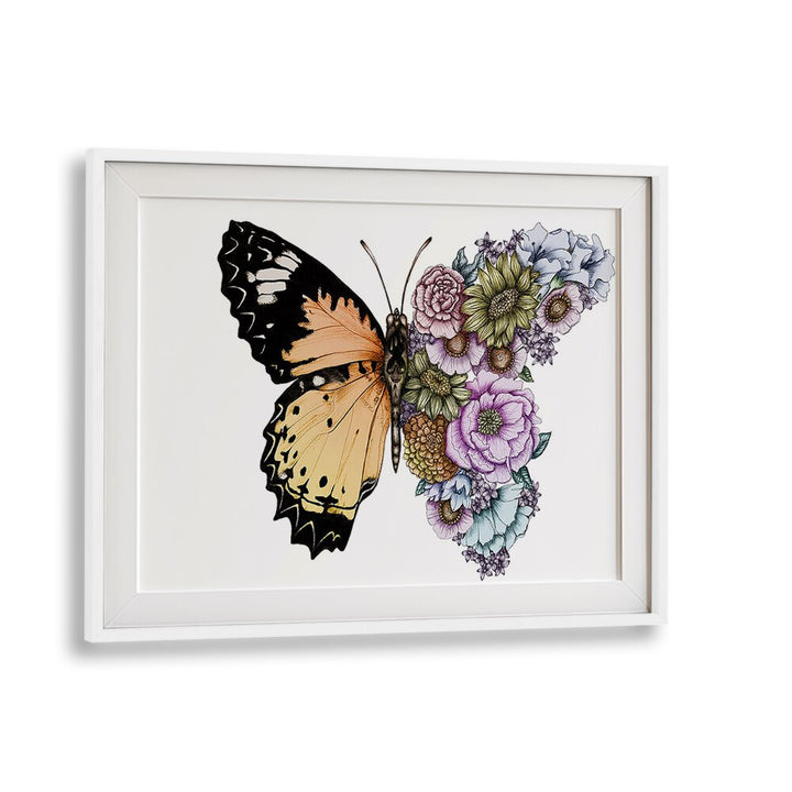 Stunning BUTTERFLY IN BLOOM COLOR, FASHION POSTERS showcasing a butterfly amidst vibrant flowers in a stylish frame.