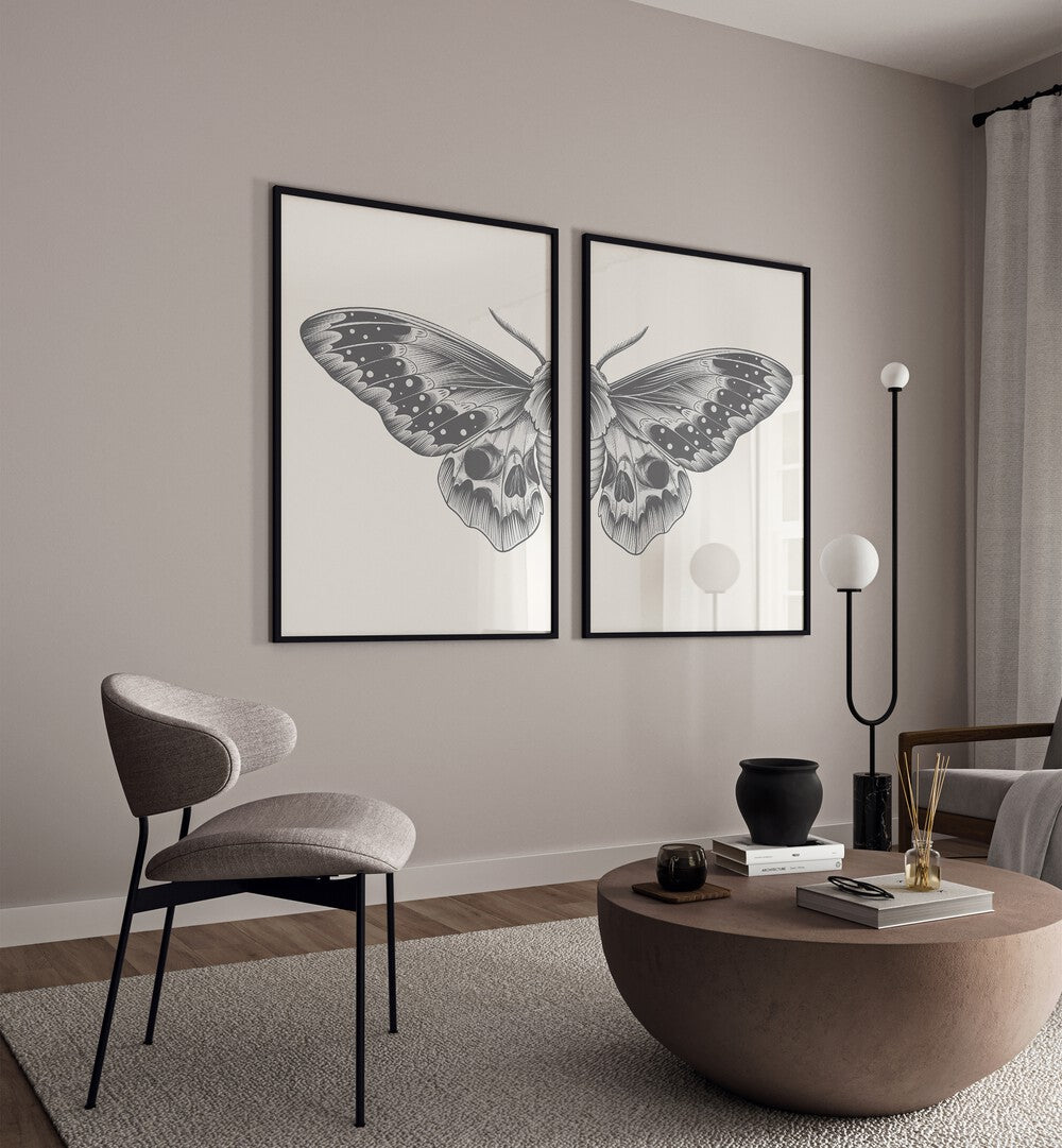 Elegant living room featuring the BUTTERFLY SKETCH SET, SET OF 2 PAINTINGS, showcasing detailed butterfly artwork.