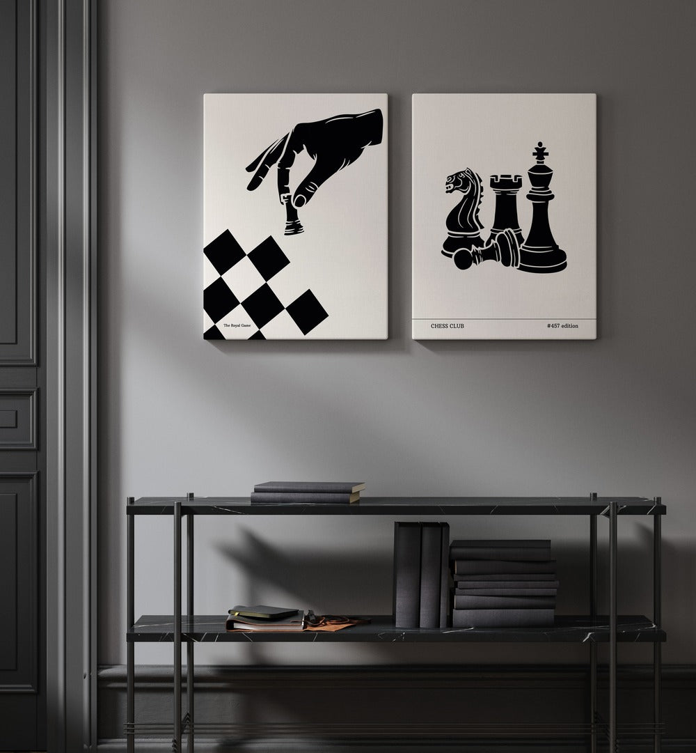 Stylish CHESS PRINTS SET , SET OF 2 PAINTINGS showcasing chess-themed art for enthusiasts and elegant decor.
