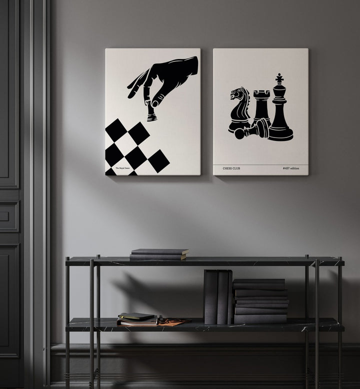 Stylish CHESS PRINTS SET , SET OF 2 PAINTINGS showcasing chess-themed art for enthusiasts and elegant decor.