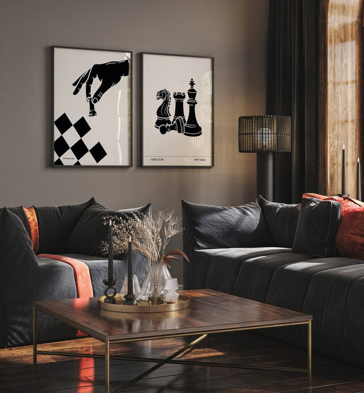 Stylish CHESS PRINTS SET, SET OF 2 PAINTINGS, perfect for chess lovers to enhance any art collection.