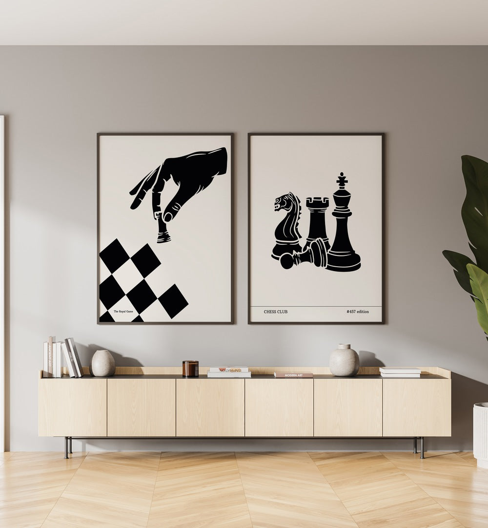 Stylish CHESS PRINTS SET, SET OF 2 PAINTINGS, perfect for chess lovers, enhancing any living space with elegance.