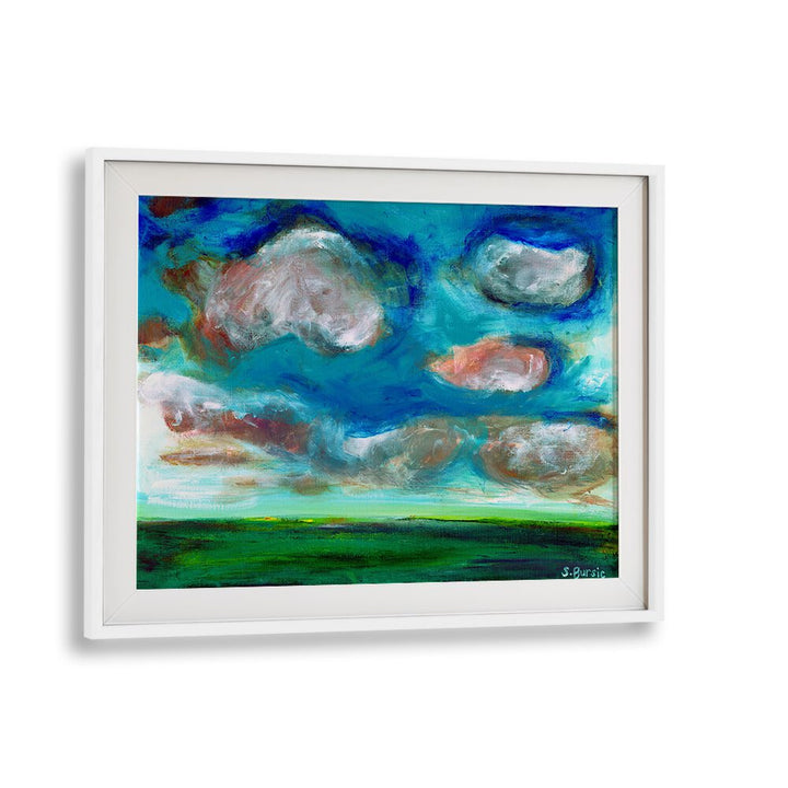 Stunning CLOUDY LANDSCAPE, LANDSCAPE PAINTINGS showcasing ethereal beauty in a white frame, perfect for art lovers.