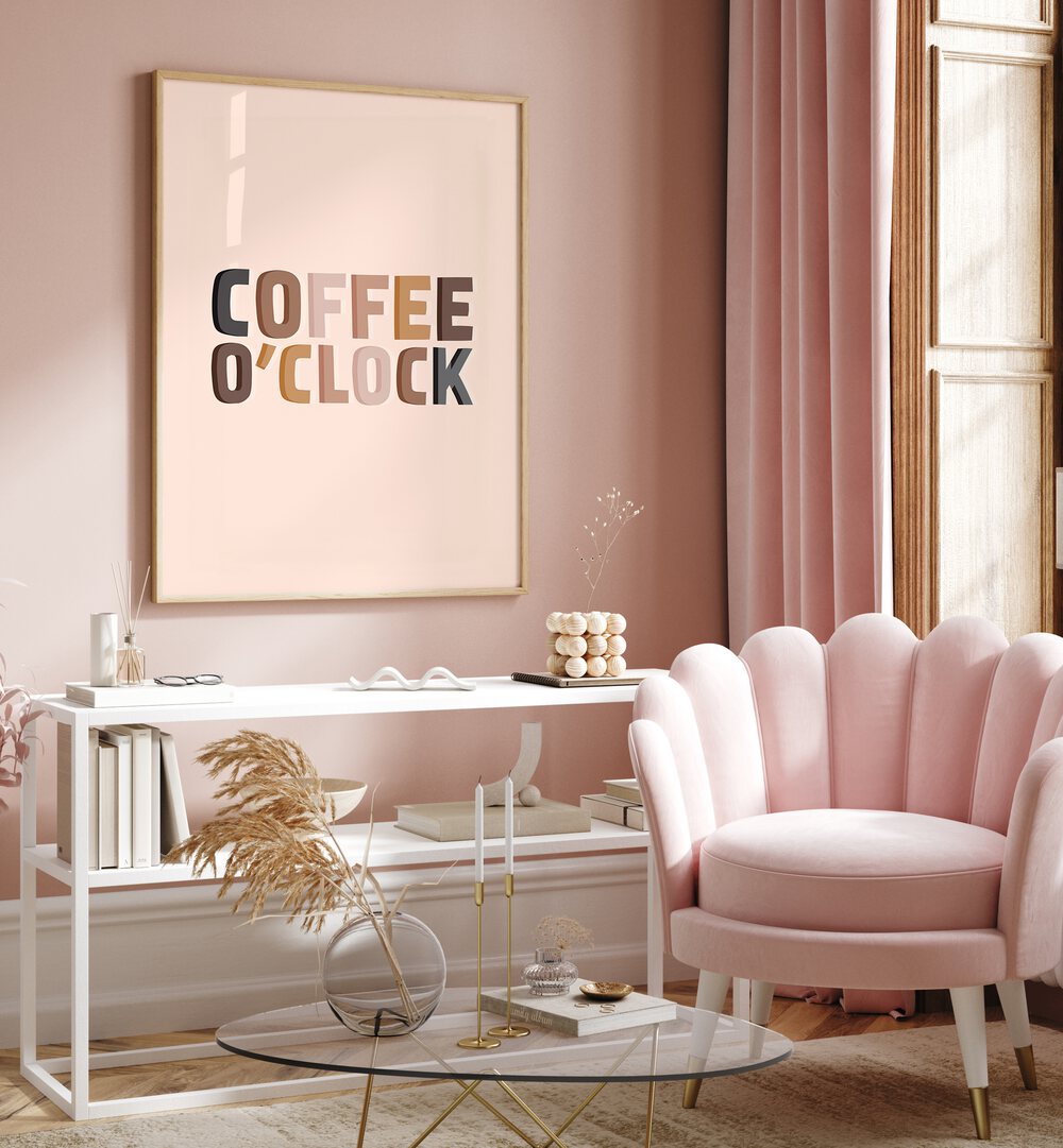 Stylish COFFEE O'CLOCK Quotes poster in a chic room, perfect for coffee lovers and modern decor enthusiasts.