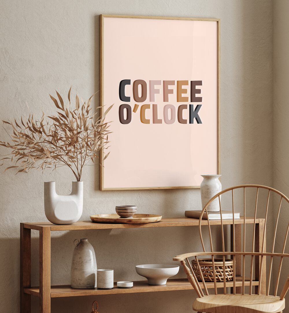 Stylish COFFEE O'CLOCK, QUOTES poster enhances your space with a modern touch, perfect for coffee lovers.