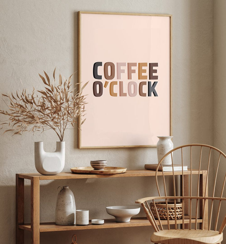 Stylish COFFEE O'CLOCK, QUOTES poster enhances your space with a modern touch, perfect for coffee lovers.