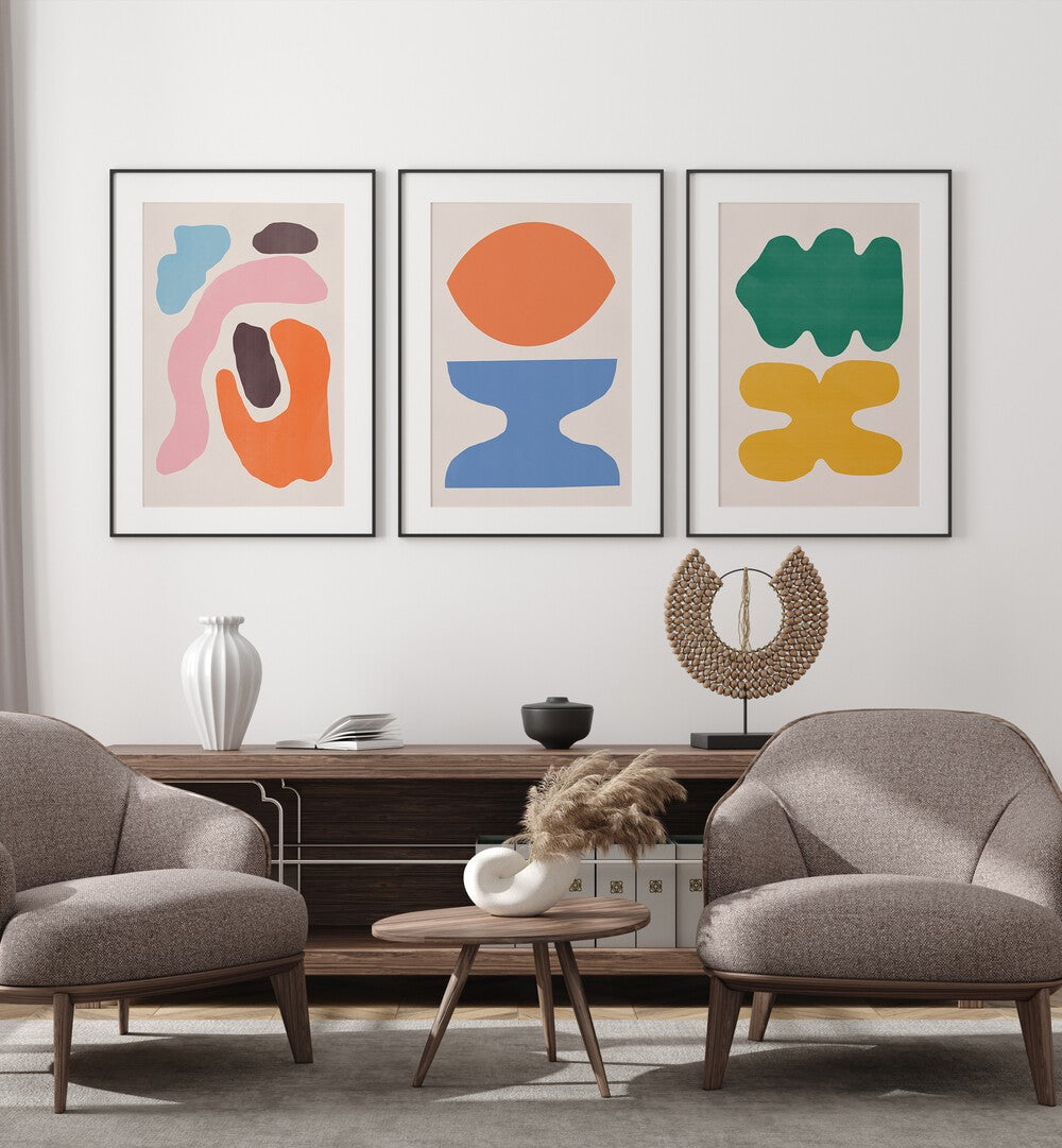 Vibrant COLOUR ABSTRACTS, SET OF 3 PAINTINGS enhancing modern interior decor with artistic flair. Perfect for any space.