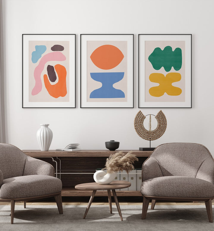 Vibrant COLOUR ABSTRACTS, SET OF 3 PAINTINGS enhancing modern interior decor with artistic flair. Perfect for any space.