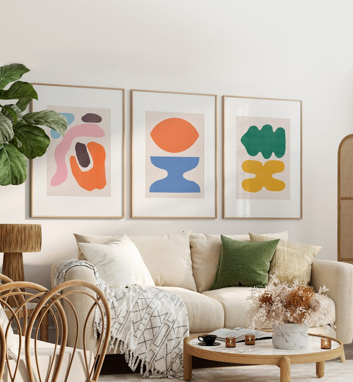 Vibrant COLOUR ABSTRACTS, SET OF 3 PAINTINGS enhancing modern interior decor with artistic flair. Perfect for any space.