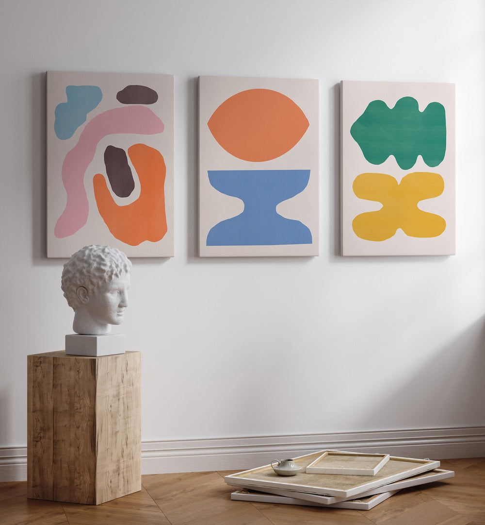 Vibrant COLOUR ABSTRACTS, SET OF 3 PAINTINGS, perfect for elevating modern interior decor with artistic flair.