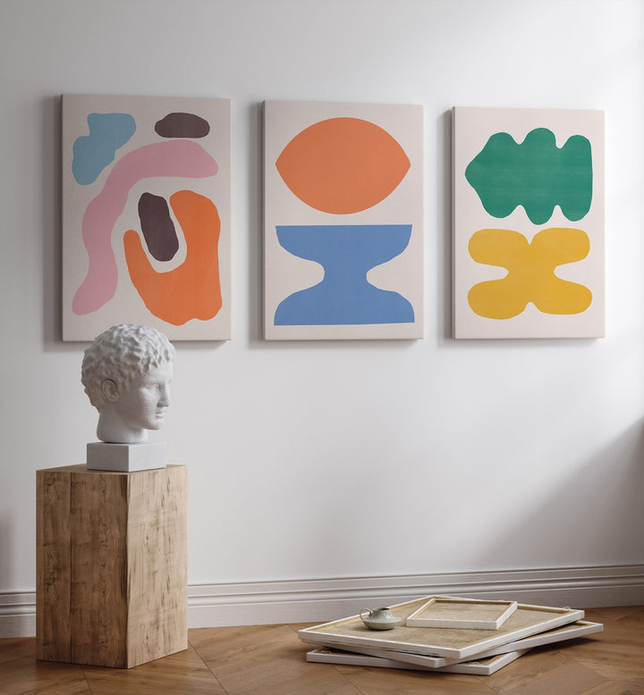 Vibrant COLOUR ABSTRACTS, SET OF 3 PAINTINGS, perfect for elevating modern interior decor with artistic flair.