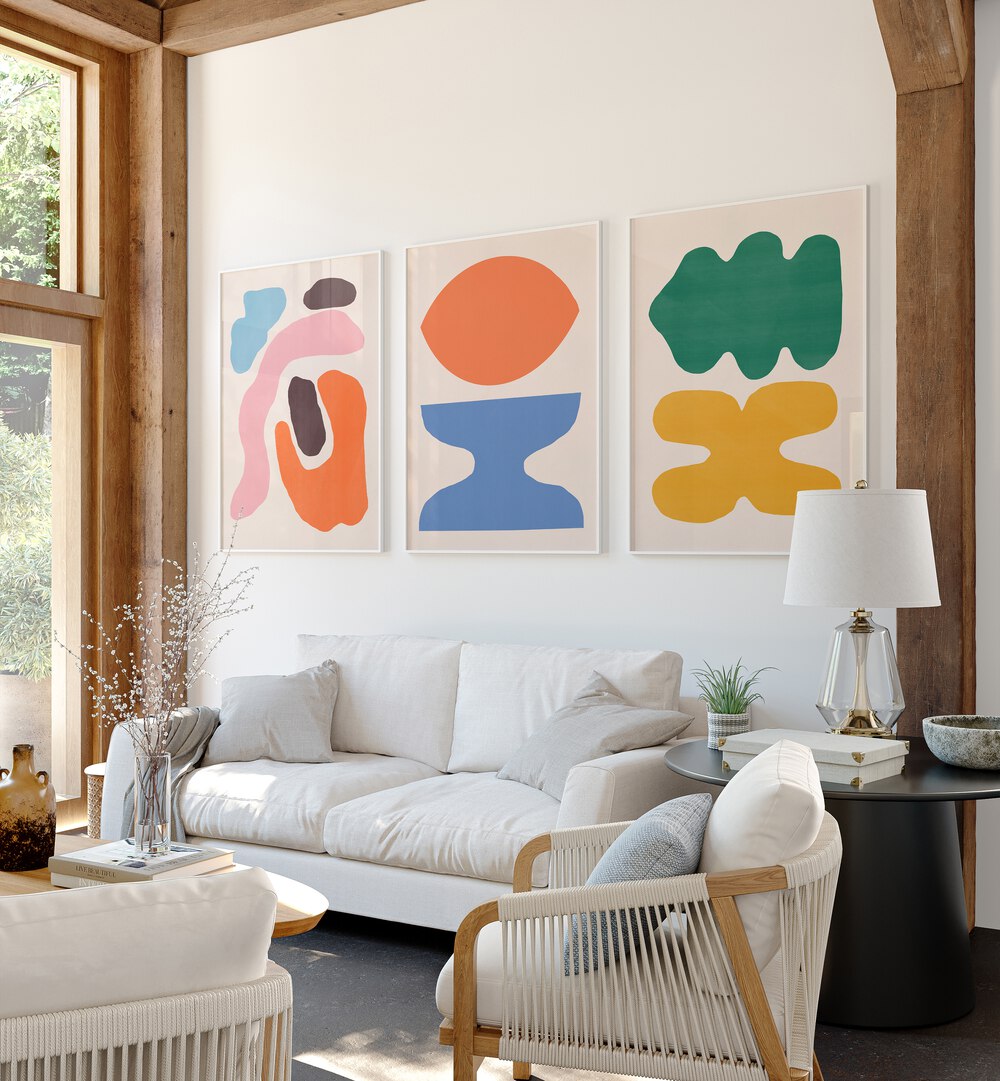 Vibrant COLOUR ABSTRACTS, SET OF 3 PAINTINGS, perfect for elevating your interior decor with modern artistry.