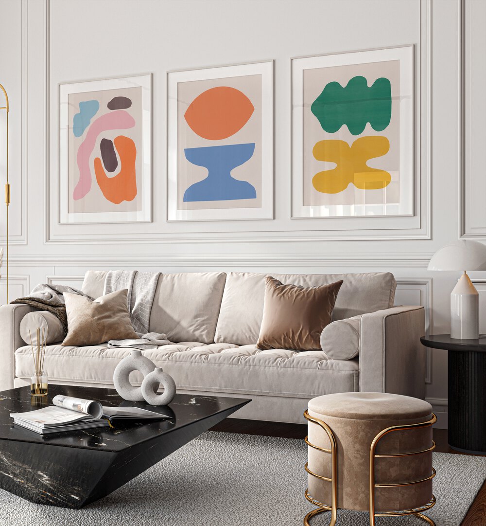 Vibrant COLOUR ABSTRACTS, SET OF 3 PAINTINGS, perfect for enhancing modern interior decor.