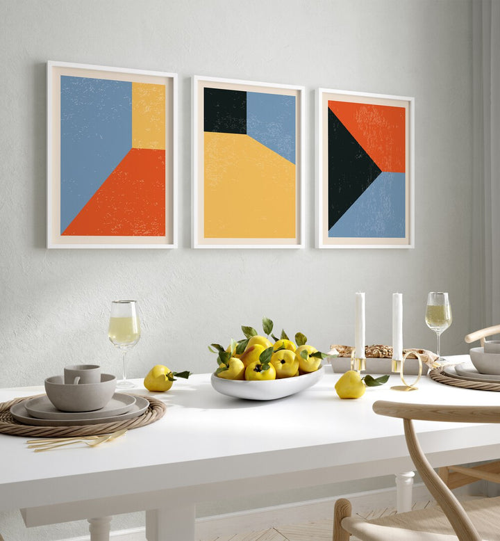 Brighten your space with the COLOURFUL GEO ABSTRACT, SET OF 3 PAINTINGS showcasing modern geometric designs.