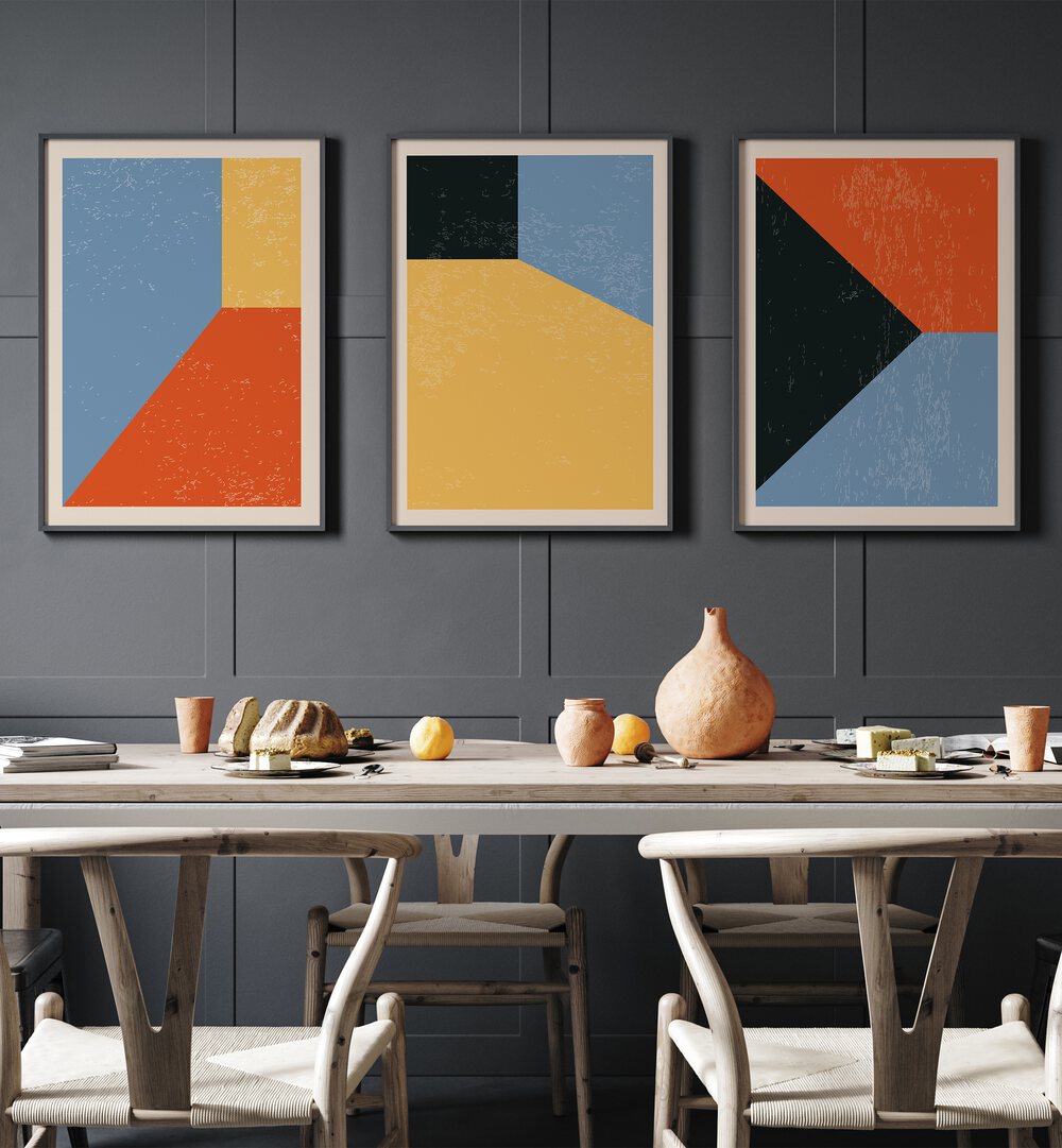 Vibrant COLOURFUL GEO ABSTRACT, SET OF 3 PAINTINGS enhancing modern spaces with minimalist geometric designs.