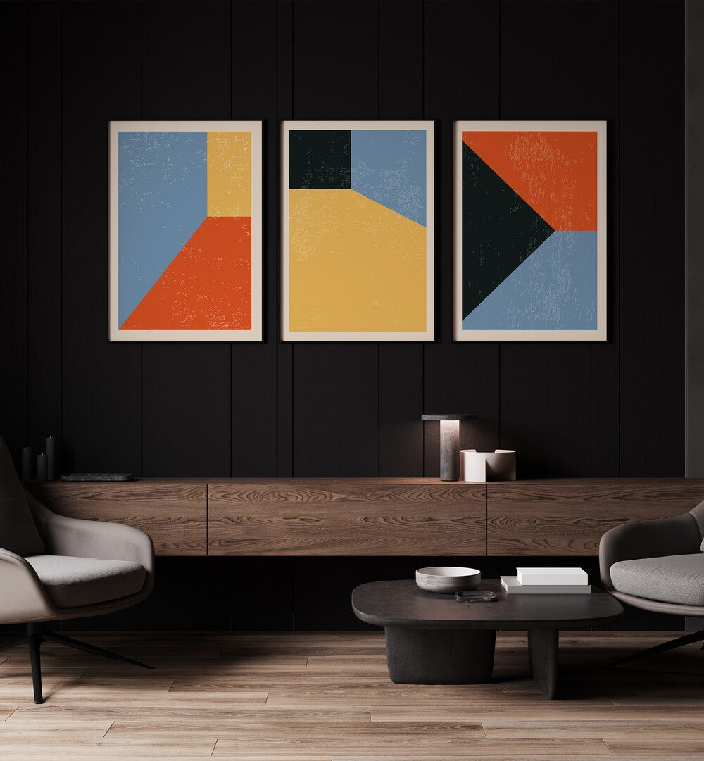 Brighten your space with the COLOURFUL GEO ABSTRACT, SET OF 3 PAINTINGS featuring modern geometric designs.