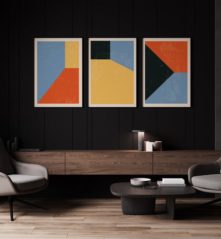 Brighten your space with the COLOURFUL GEO ABSTRACT, SET OF 3 PAINTINGS featuring modern geometric designs.