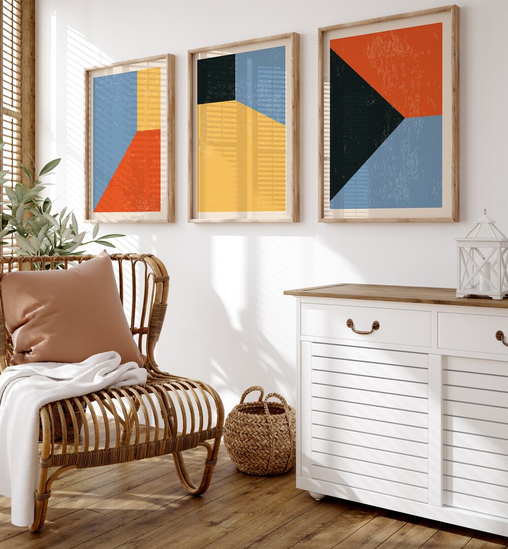 Vibrant COLOURFUL GEO ABSTRACT, SET OF 3 PAINTINGS adds modern flair to any room with minimalist geometric designs.